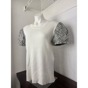 Karl Lagerfeld Paris Ivory/White Knit Top Tweed Puffed Short Sleeves, XL NWT
